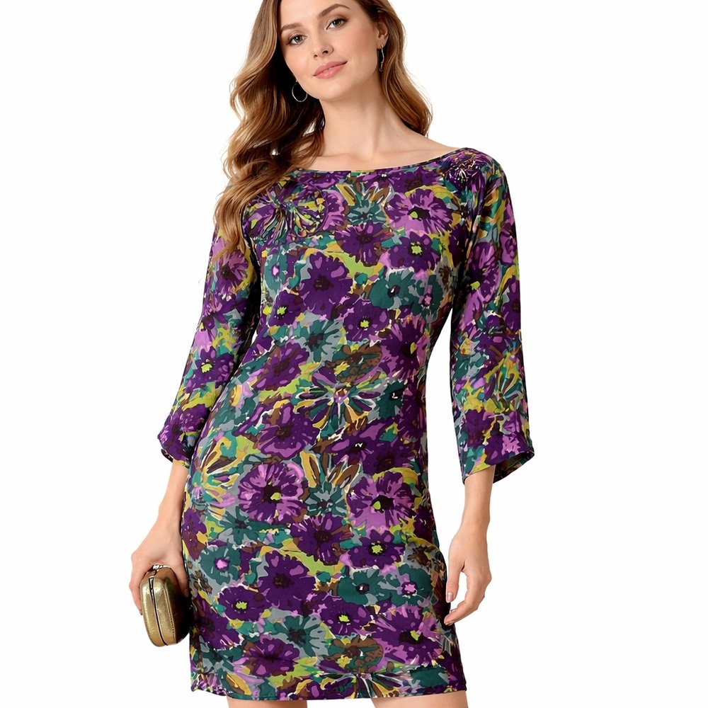 BCBG Max Azria 100% Silk Floral Shift Dress Purple Green Grape Size Small